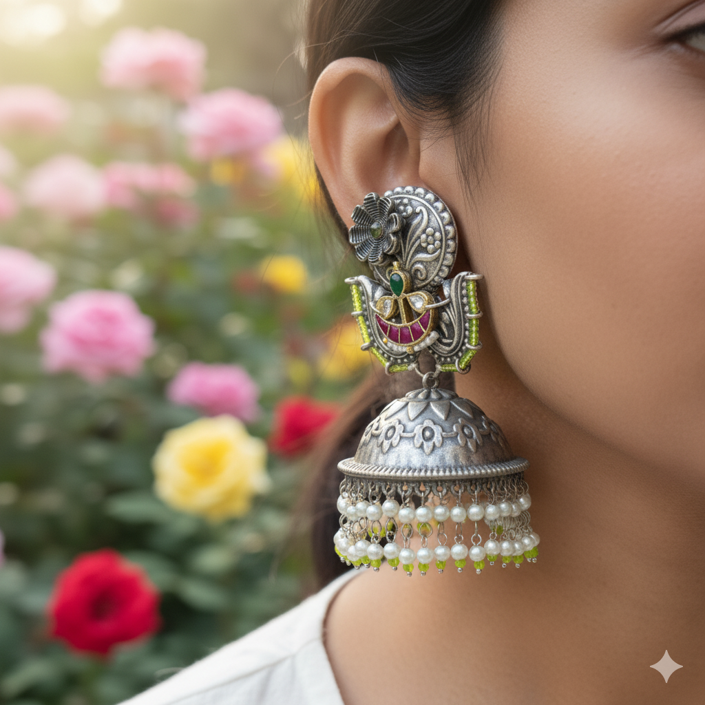 SILVER OXIDISED JHUMKI WITH STONEWORK